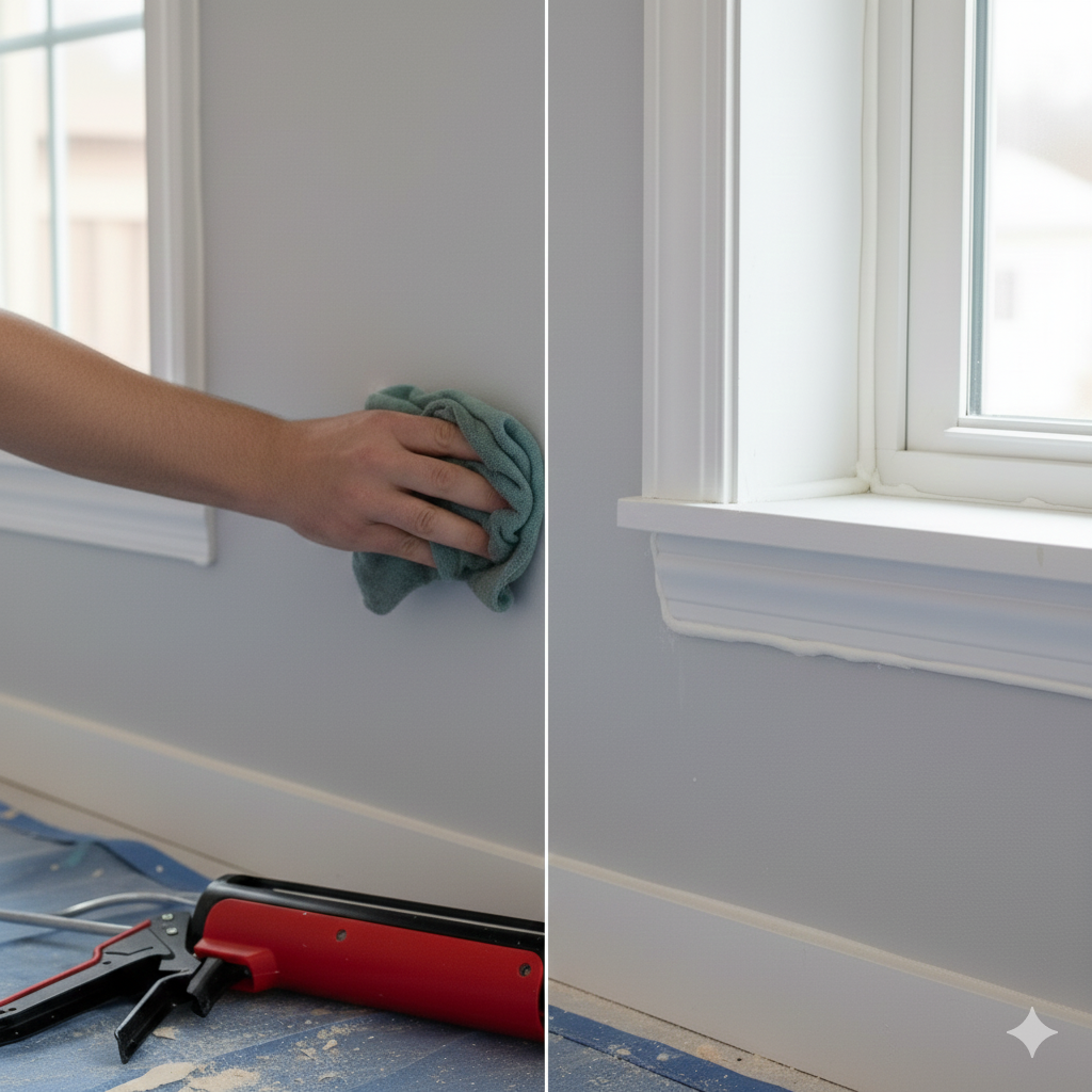 A person cleaning the wall near a window with a cloth, with a heat gun placed on the floor nearby, indicating wall preparation for painting or repairs.