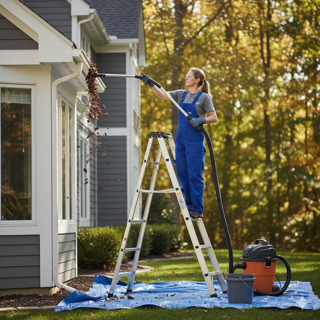 A woman standing on a ladder, using a vacuum cleaner to clean leaves from the gutter of a house exterior, with fall foliage in the background.