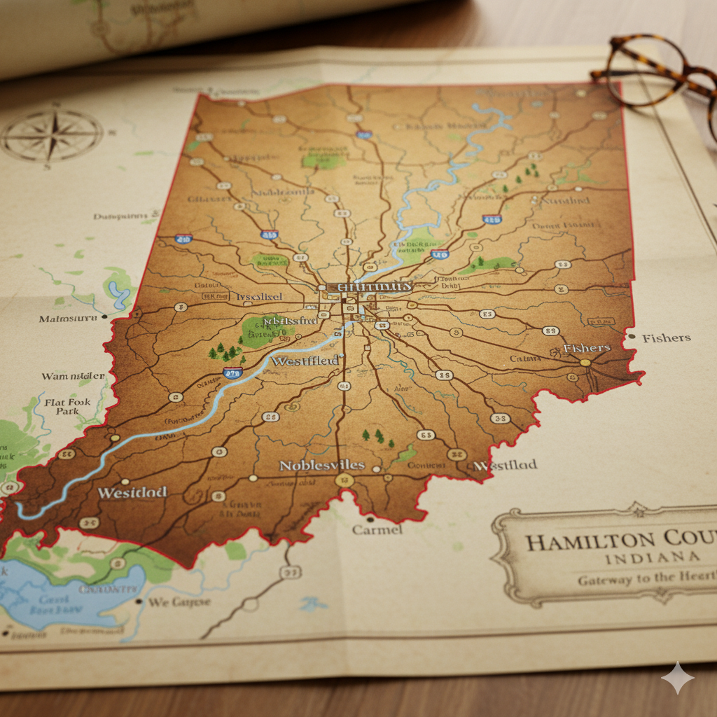 A historical map of Hamilton County, Indiana, showing various towns, roads, rivers, parks, and geographic features.