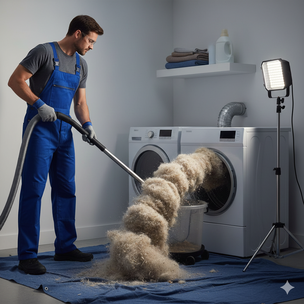 Man in blue overalls vacuuming a large amount of lint or dust discharging from a washing machine.