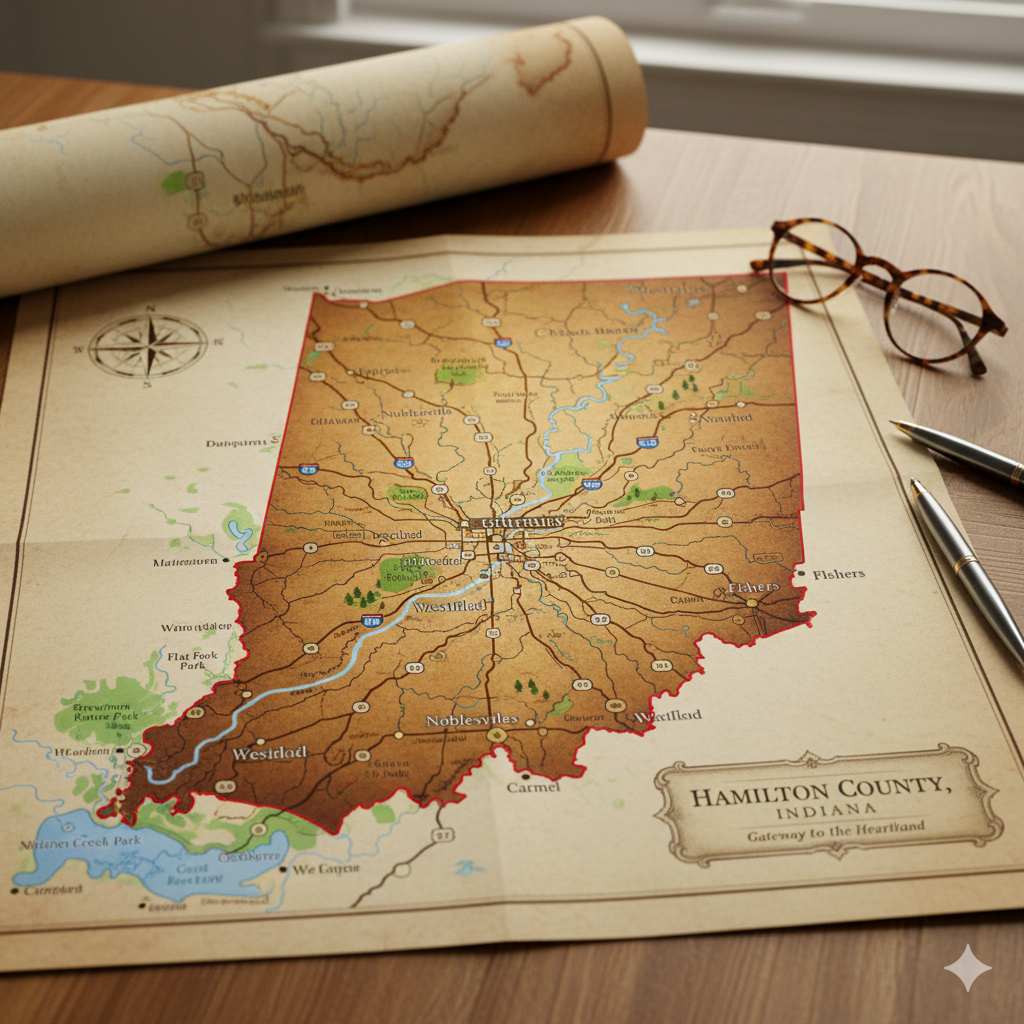 A detailed map of Hamilton County, Indiana, showing cities, roads, rivers, parks, and topography, with a pair of glasses and a pen on the table.