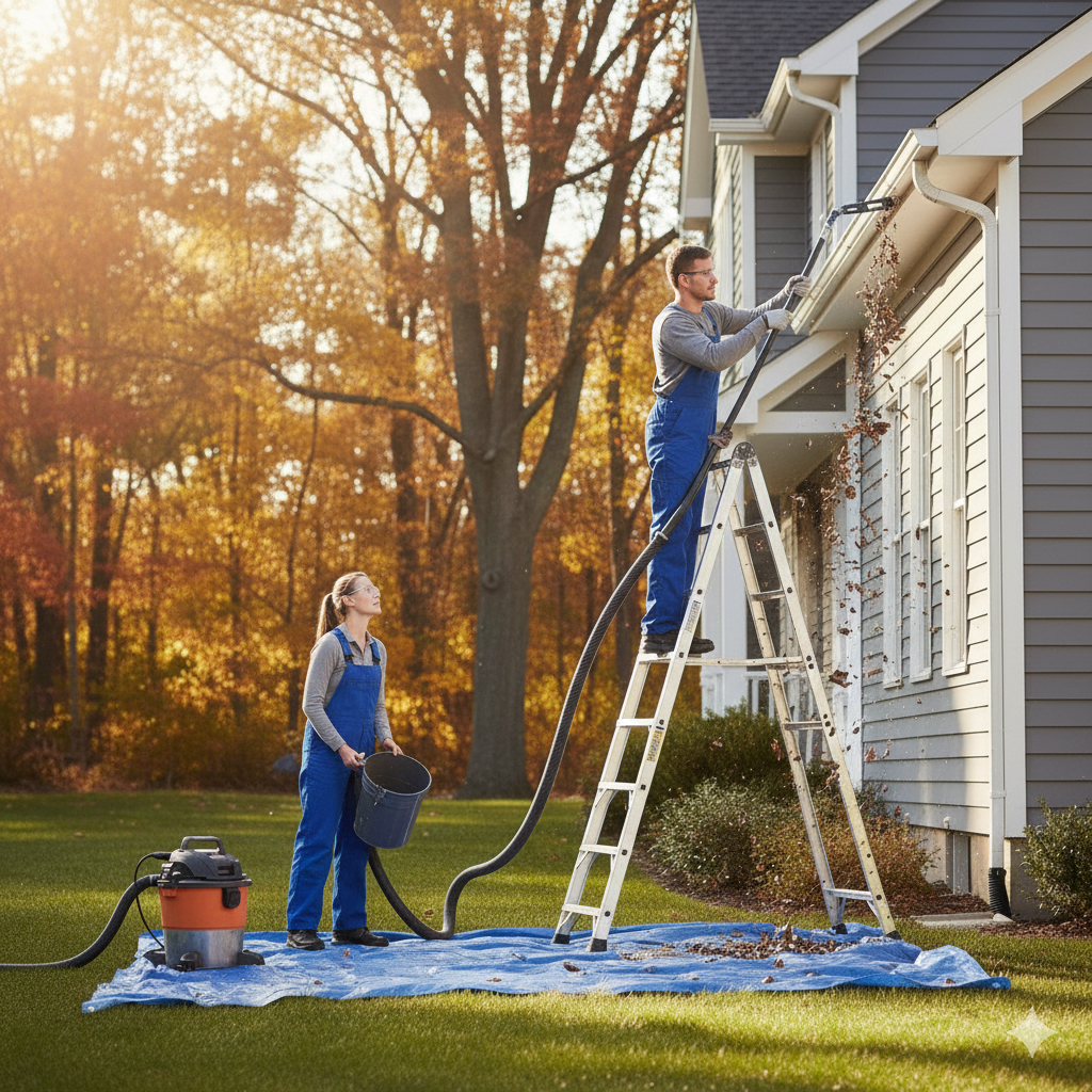 Two people cleaning out the gutters of a two-story house in the fall. One person is on a ladder using a tool to remove leaves from the gutter, while the other person stands below holding a bucket and vacuum hose. The scene is set outdoors with trees with autumn leaves in the background and sunlight shining through the trees.