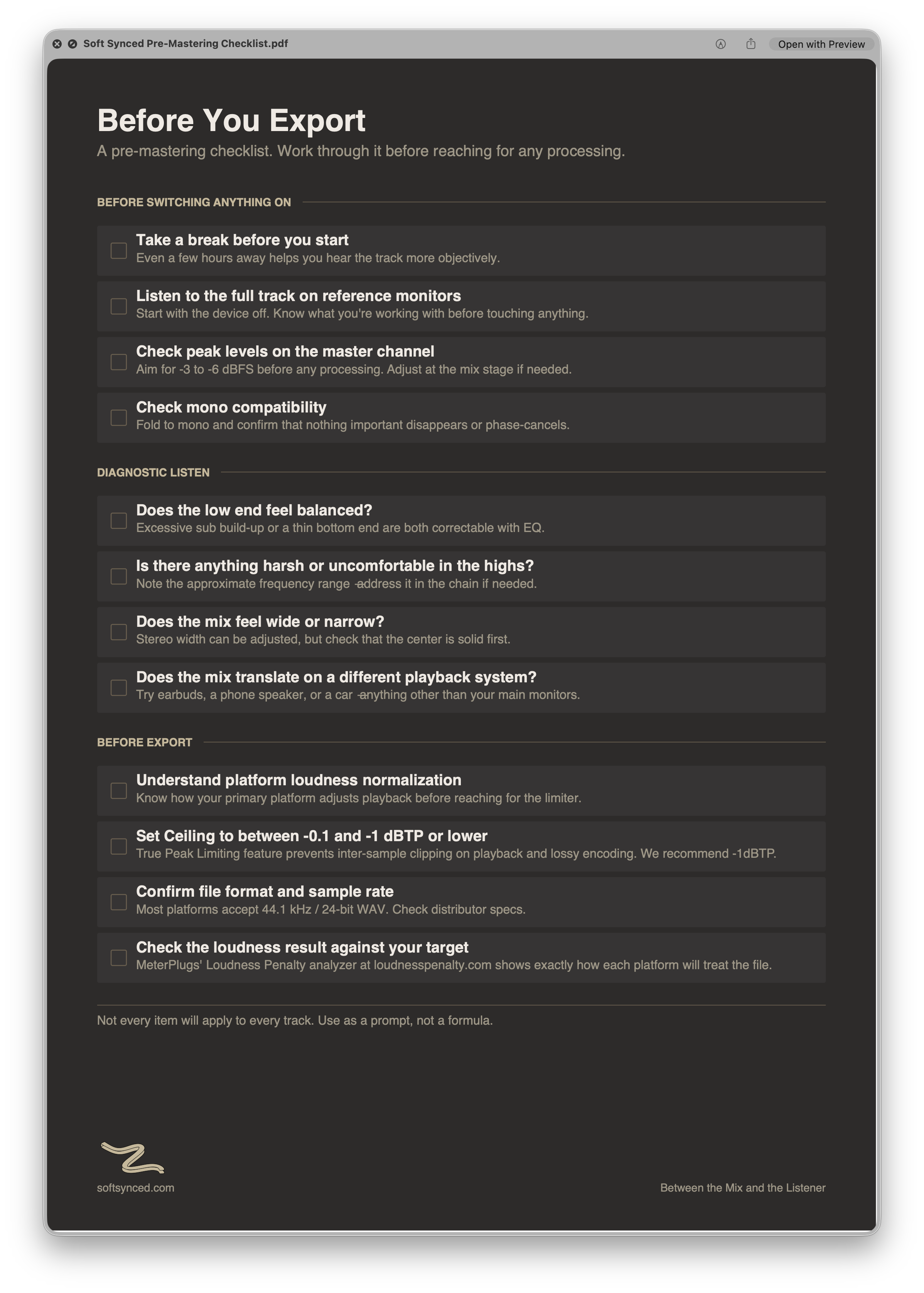 Pre-Mastering Checklist