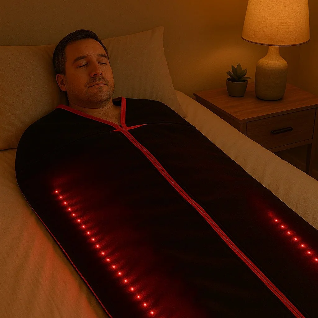 Woman lying on a red LED light therapy bed in a dark room, wearing athletic clothing.