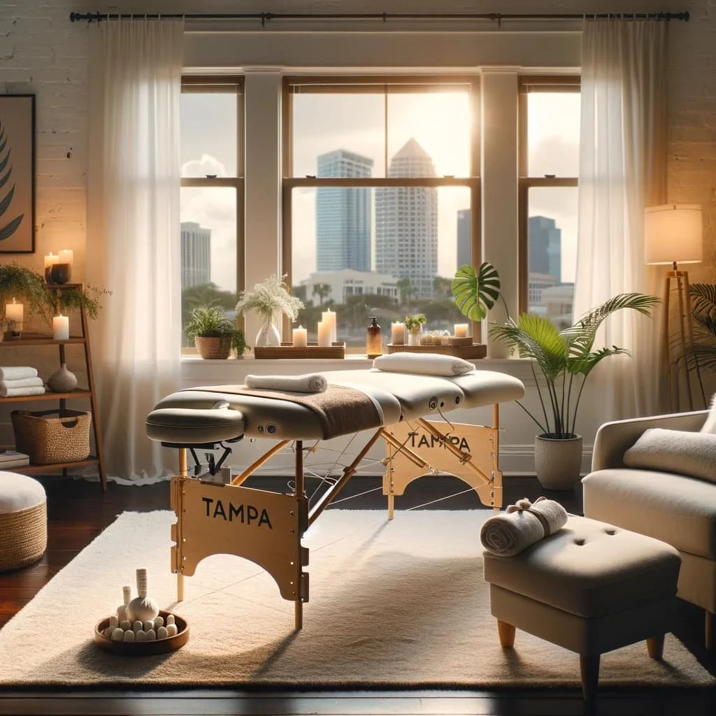 A cozy and well-lit massage therapy room with a massage table, potted plants, lit candles, and city skyscrapers visible through large windows, bathed in warm sunlight.