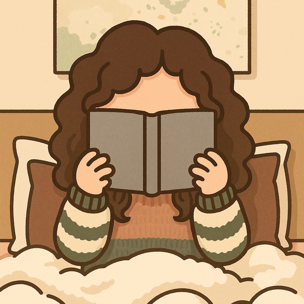A person with long, curly hair sitting in bed and reading a book, wearing a striped sweater.