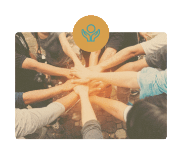 Group of people placing their hands together in a circle, symbolizing teamwork and unity with wording "20+ volunteers"