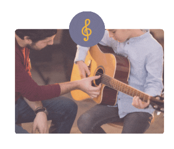 Two people playing guitar together indoors with wording "10+ specialized programs"