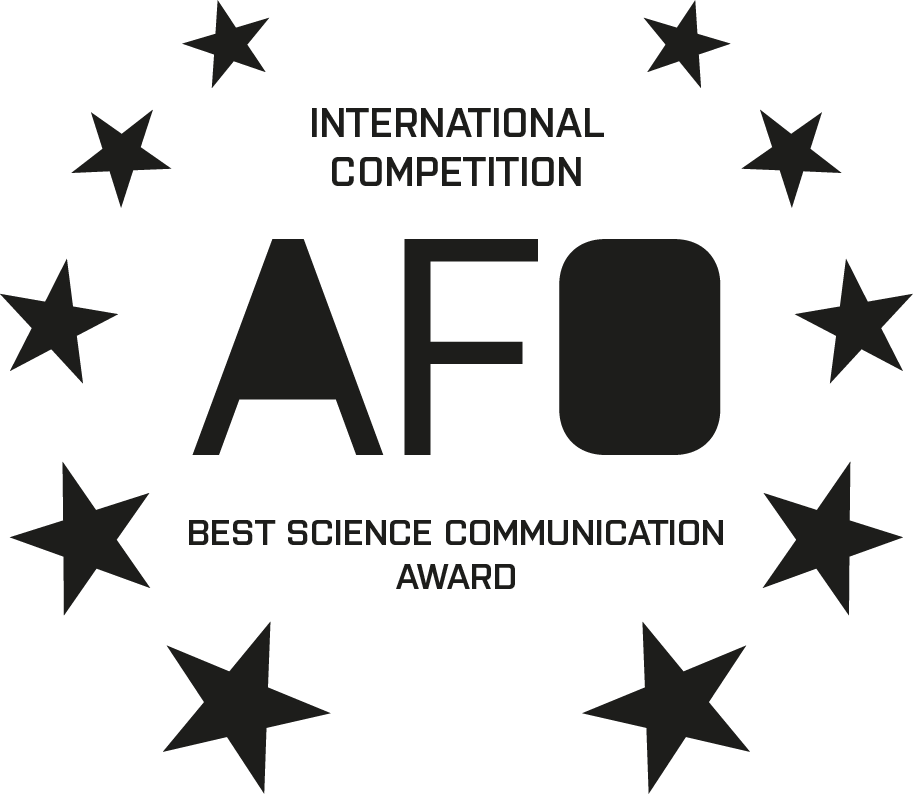 Black and white logo with the words ''International Competition'' at the top, ''AFO'' in large letters in the middle, and ''Best Science Communication Award'' at the bottom. The logo is surrounded by 12 black stars.