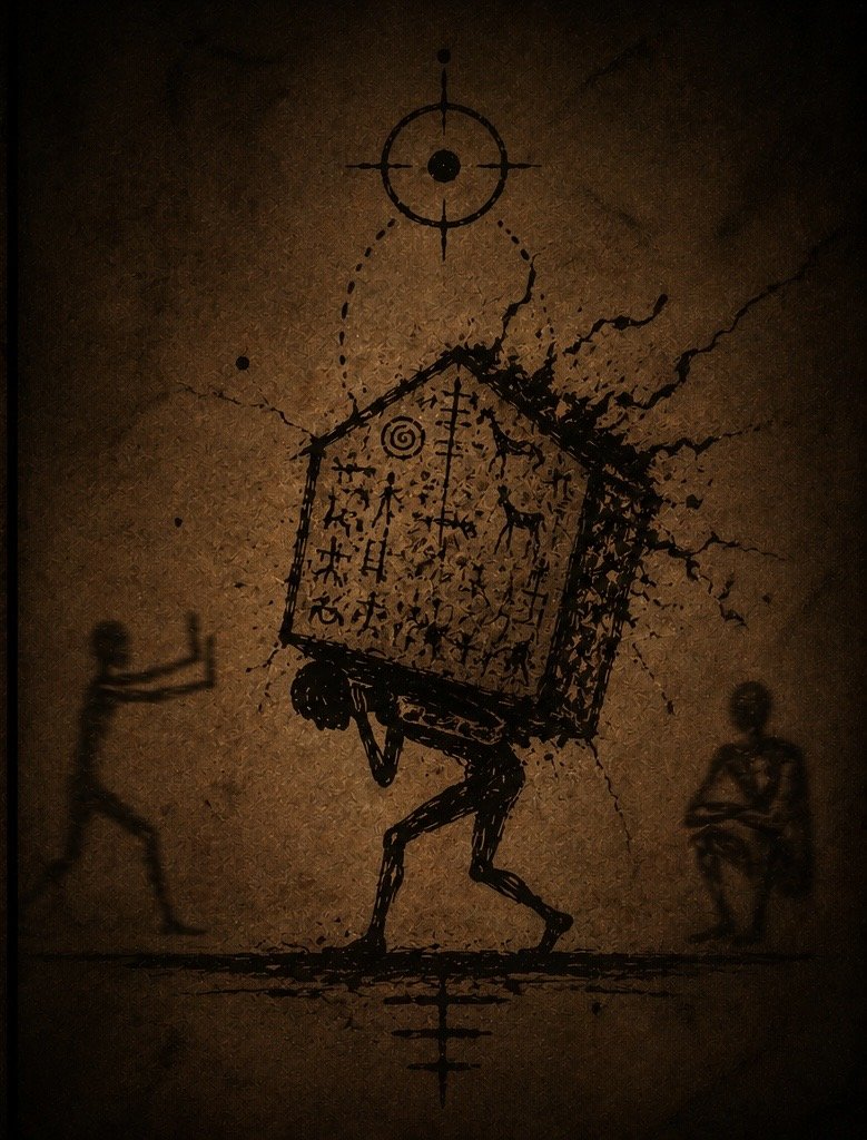 Street art depicting a box with human legs and arms, splatters around it, with a person running towards it and another sitting nearby, on a textured brown background.