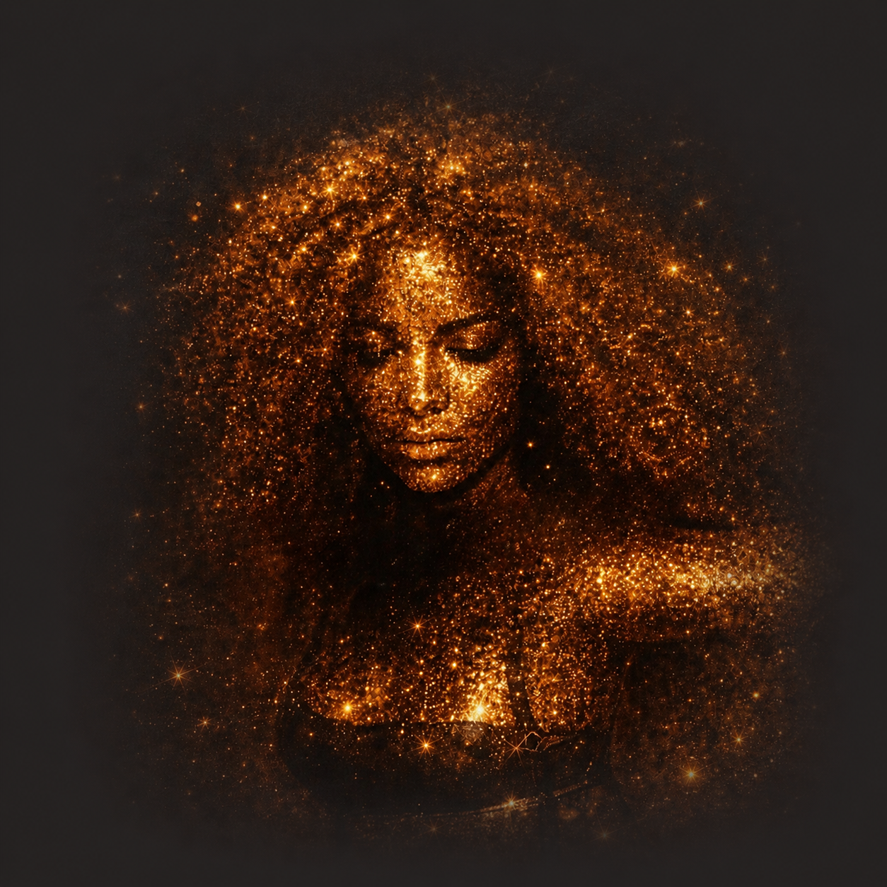 A digital art portrait of a woman with closed eyes, her face and hair composed of glowing golden particles against a dark background.