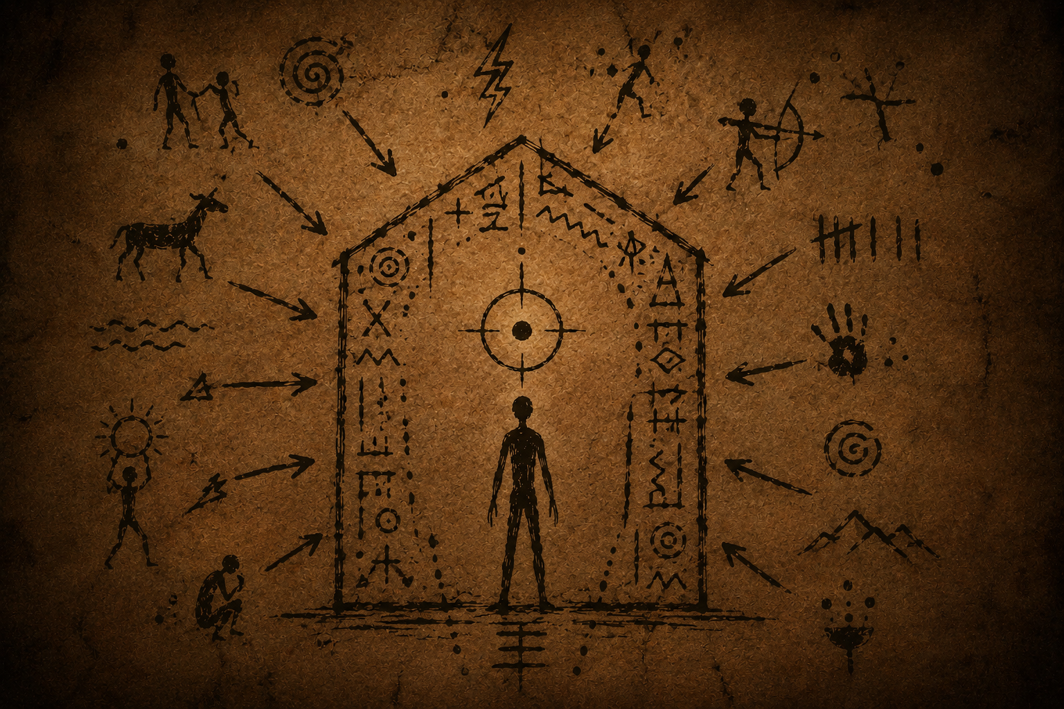 Sketch of a human figure inside a house outline with various symbols and figures around it, including trees, mountains, directional arrows, and abstract symbols, drawn on a brown textured background.