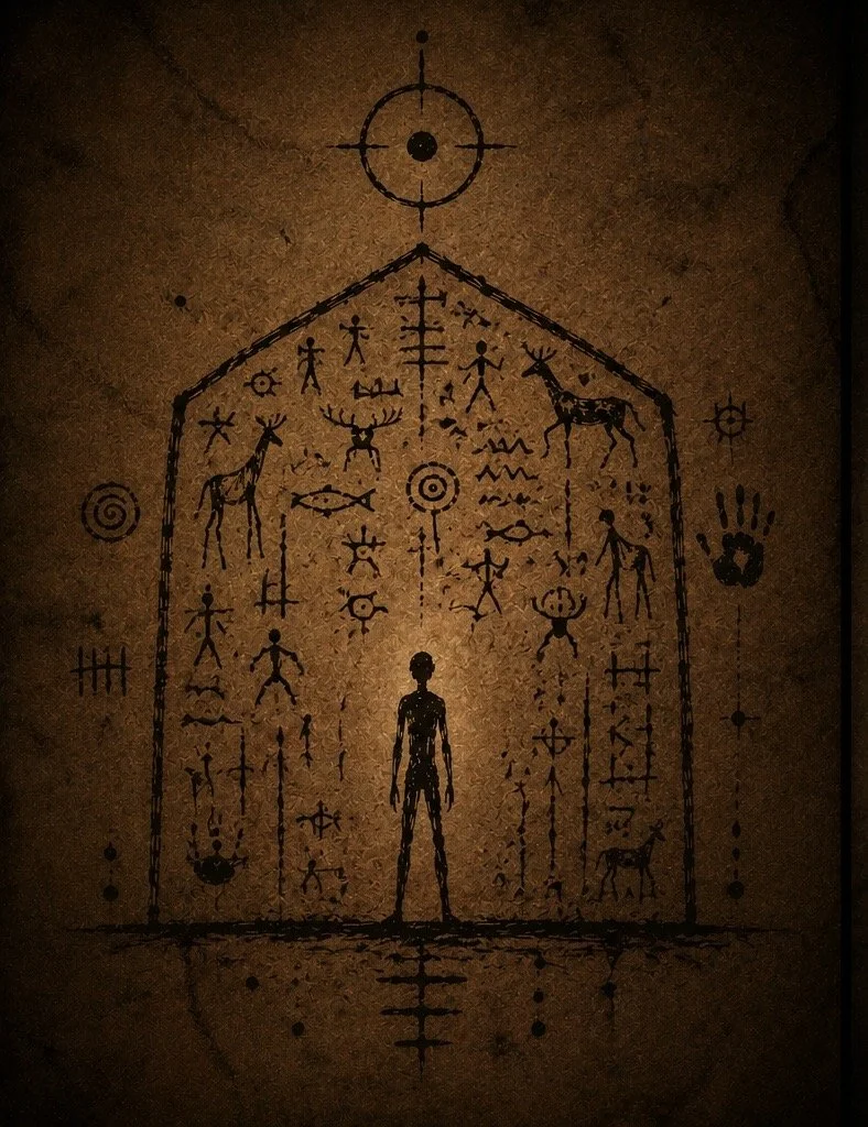 Indigenous-style markings and symbols resembling cave or rock art, including human figures, animals like deer and fish, and abstract symbols, on a brown background.