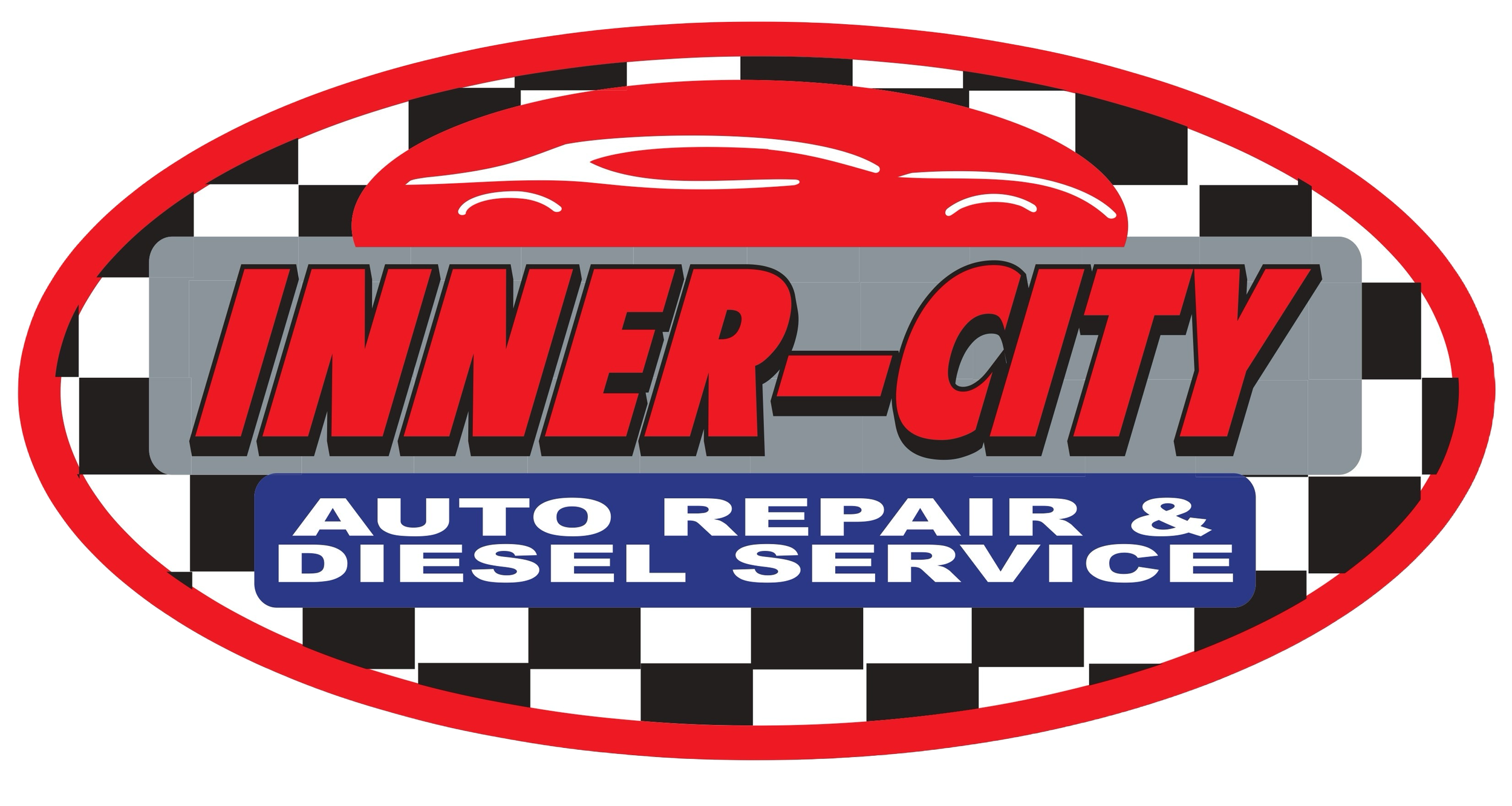 Logo for Inner-City Auto Repair & Diesel Service with a red car, checkered background, and bold red, white, and blue text.