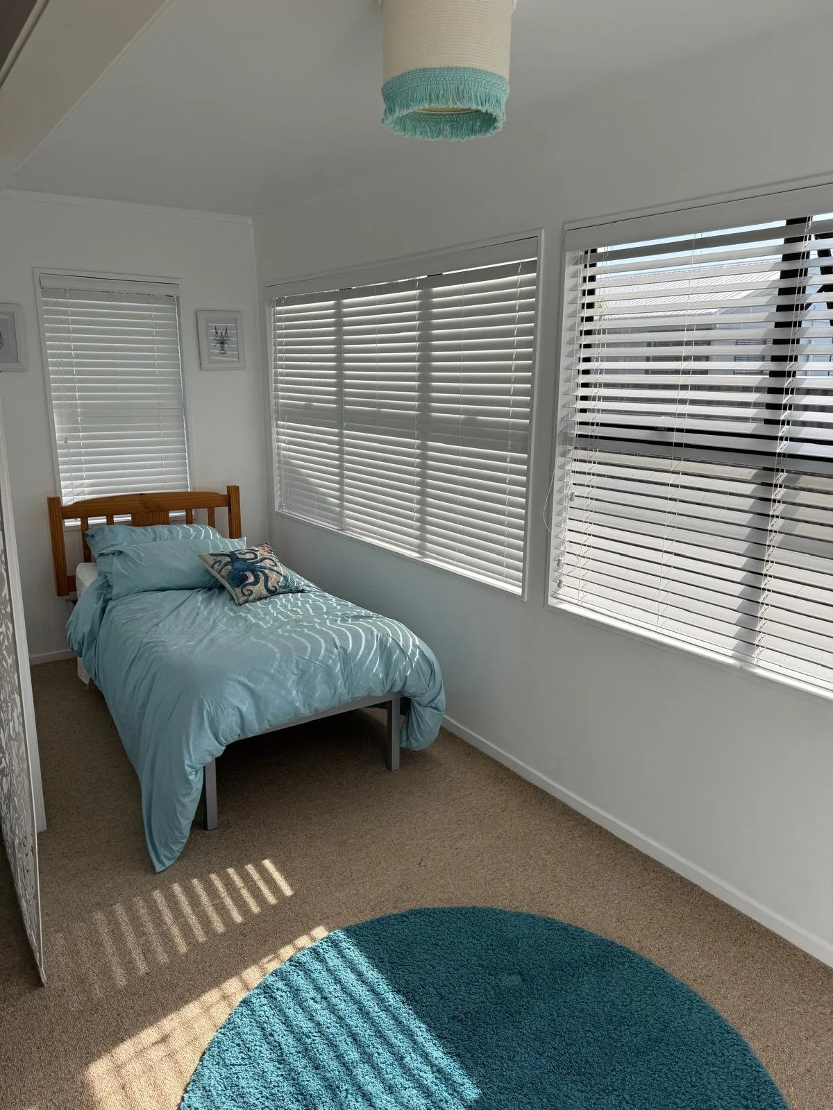 A bedroom with large windows covered with white blinds, a bed with turquoise bedding, a decorative pillow, beige carpet, and a round teal rug. There are framed prints on the wall and a ceiling light fixture.