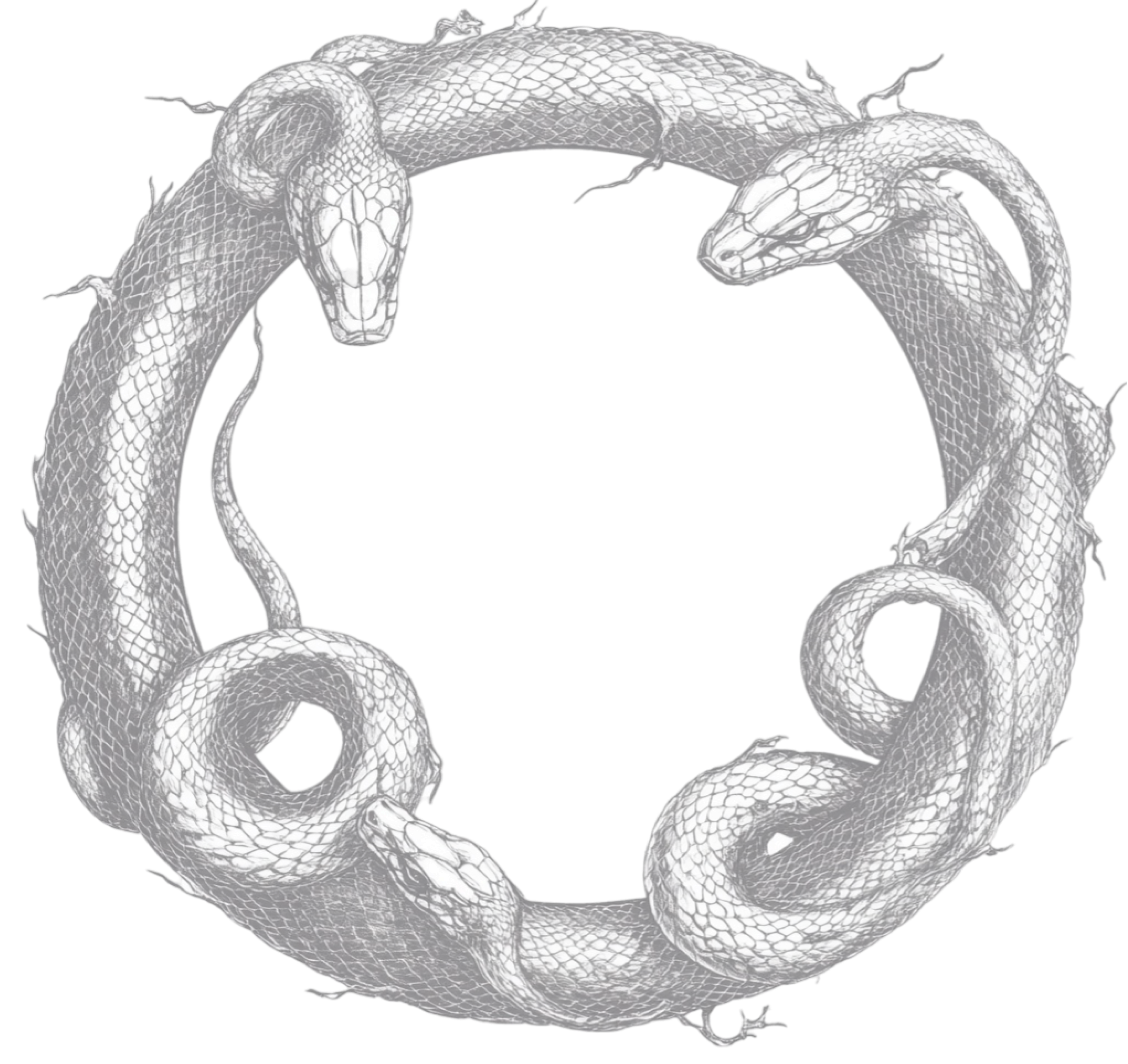 A circular arrangement of three snakes with their heads facing inward, forming a ring.