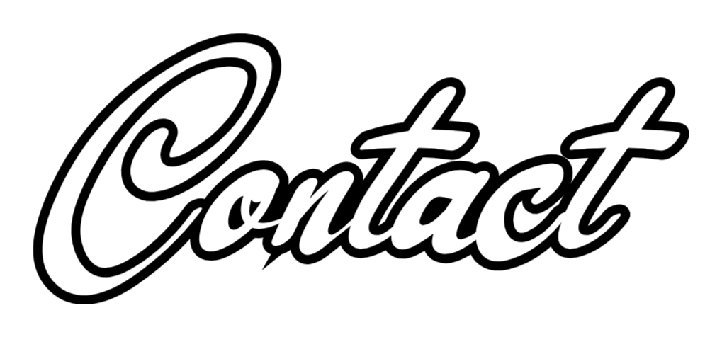 The word 'Contact' written in white cursive font on a black background.