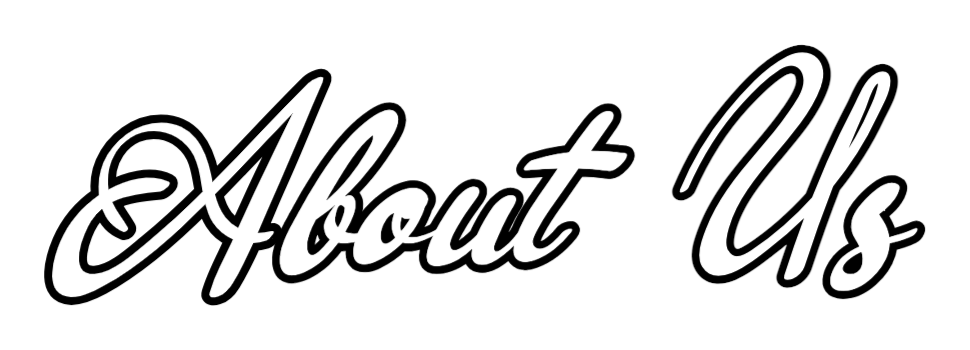 Text saying 'About Us' in white script font on a black background.