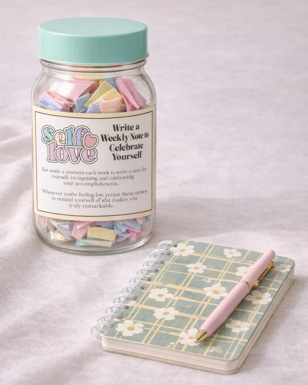 A notebook for your thoughts 💛
A jar to keep them safe ✨

Each week, write a little note to yourself&mdash;
something you tried, something you learned, or something you&rsquo;re proud of.

Fold it up. Drop it in the jar.
And watch your collection gr