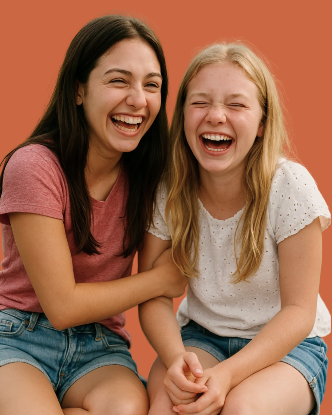 Two young girls laughing and smiling together, one with dark hair and the other with blonde hair, both wearing casual clothes, against a plain background.
