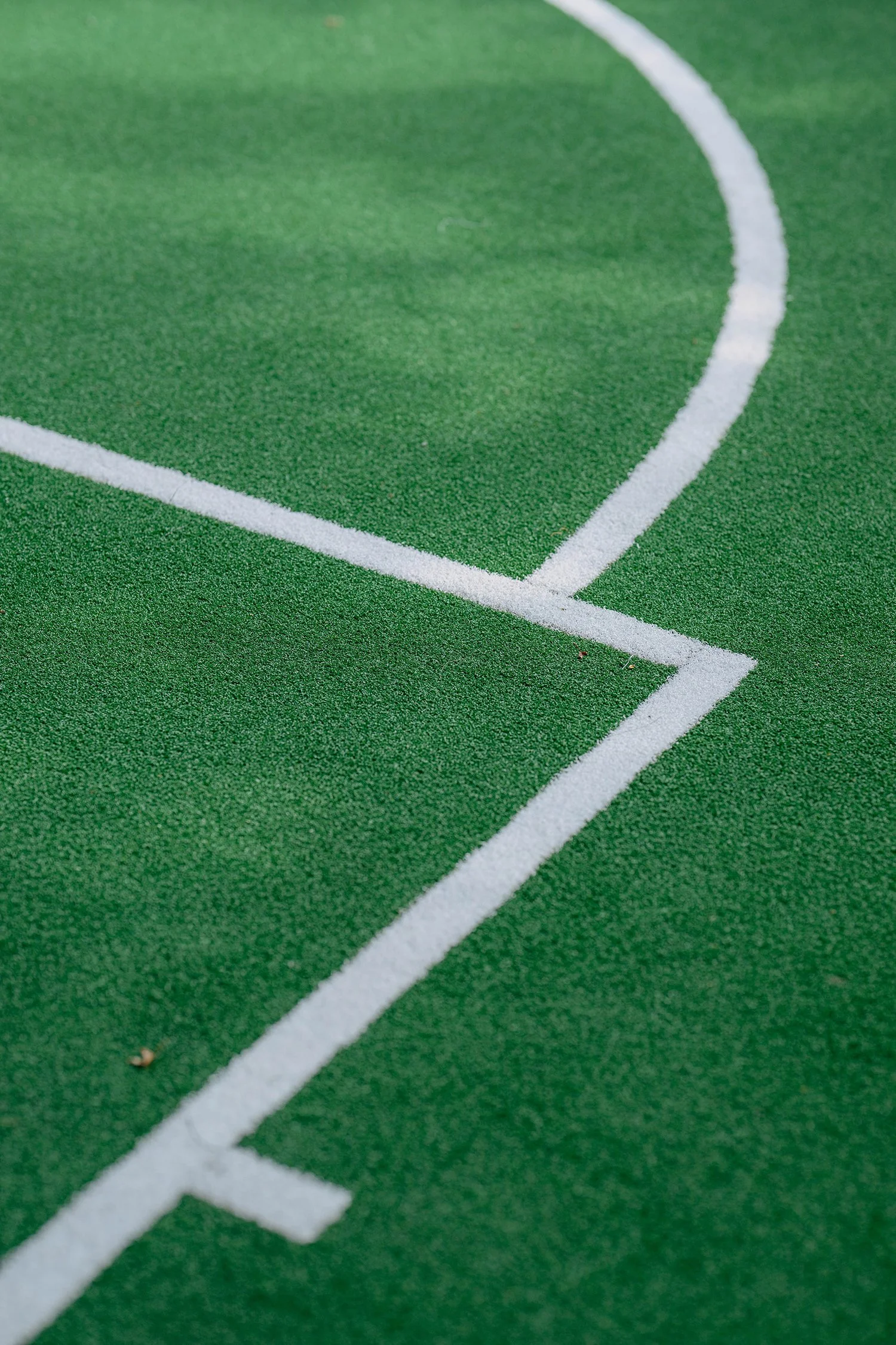 Close-up of a green outdoor sports court with white boundary lines.