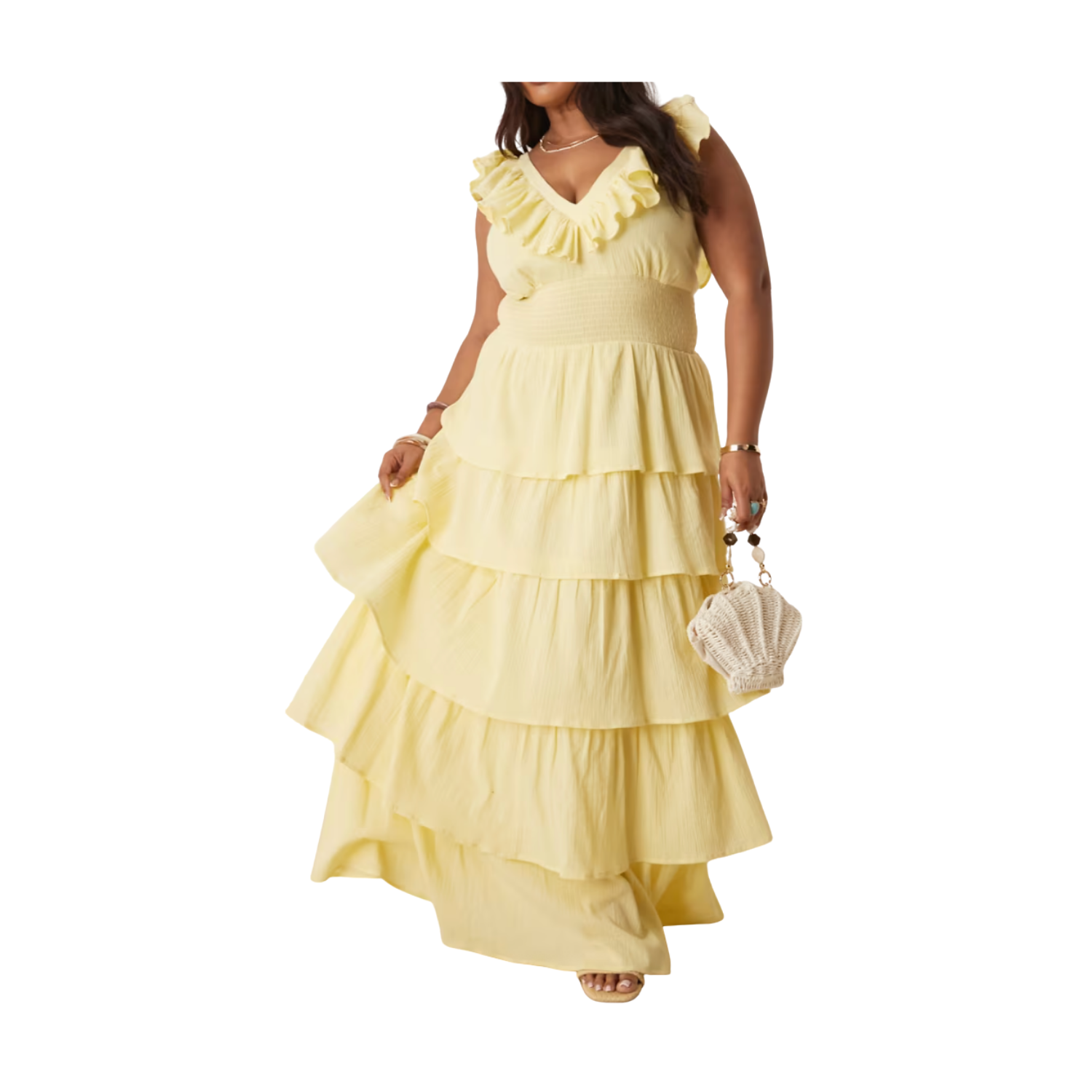 Asos Curve Shirred Ruffle Maxi Dress in Lemon