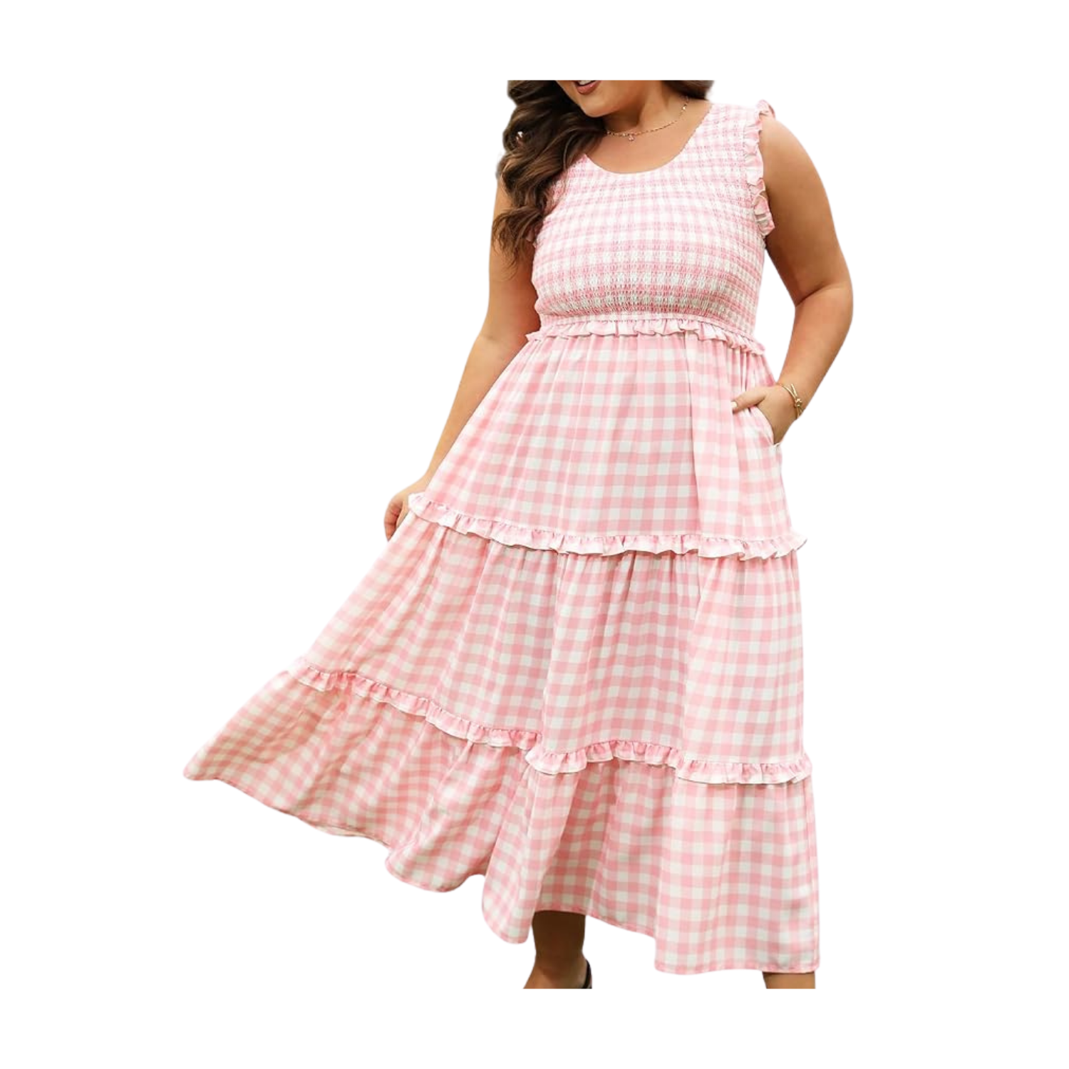 Amazon Sleeveless Plaid Smocked Tiered Maxi Dress