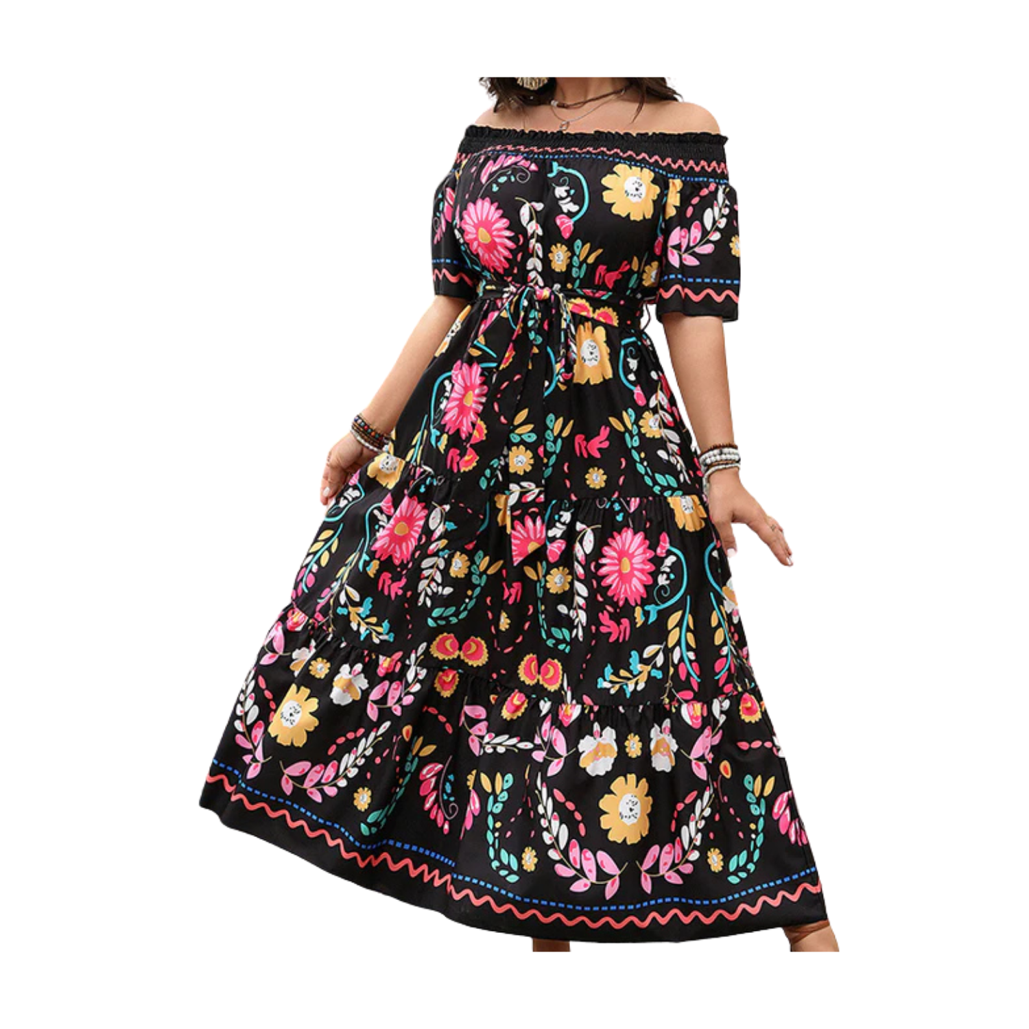 Curve Soul Floral Print Off Shoulder Belted Dress