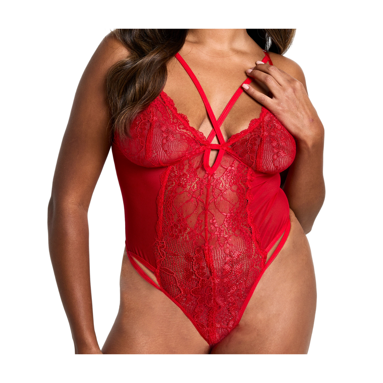 Boohoo Red Cross Front Lace Cup Bodysuit