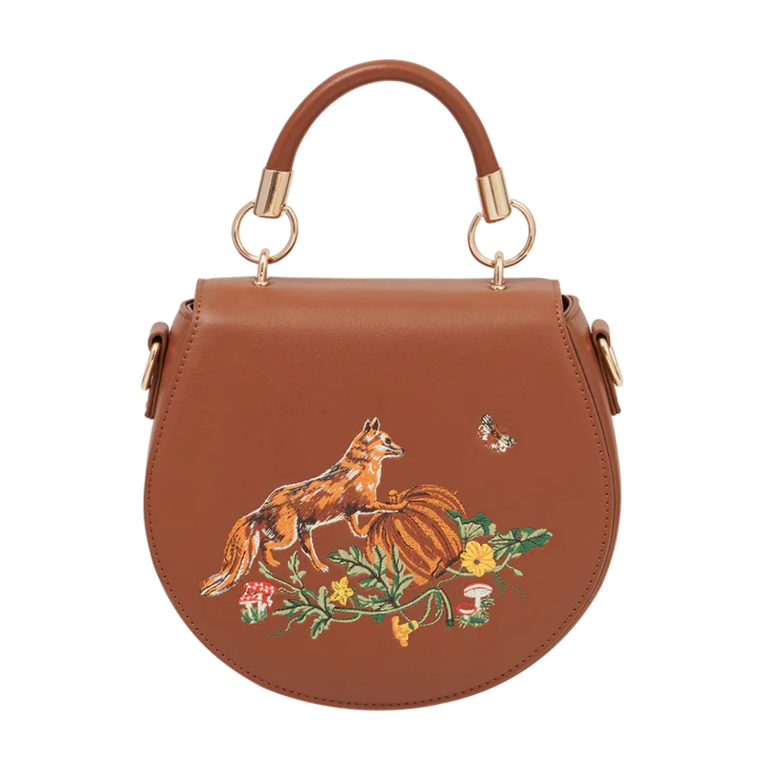 Fable England Fox &amp; Pumpkin Embroidered Tan Saddle Bag