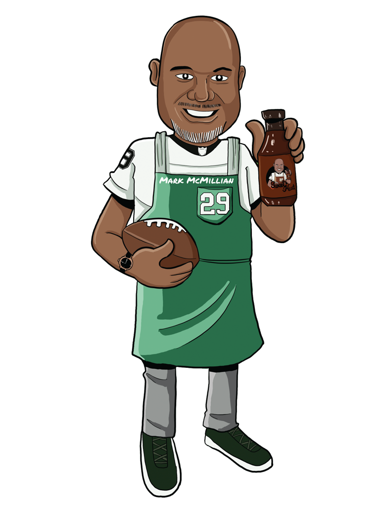 Cartoon man wearing a sports jersey with number 29 and the name 'Mark McMillian,' holding an American football and a bottled beverage with a cartoon image of himself on it.