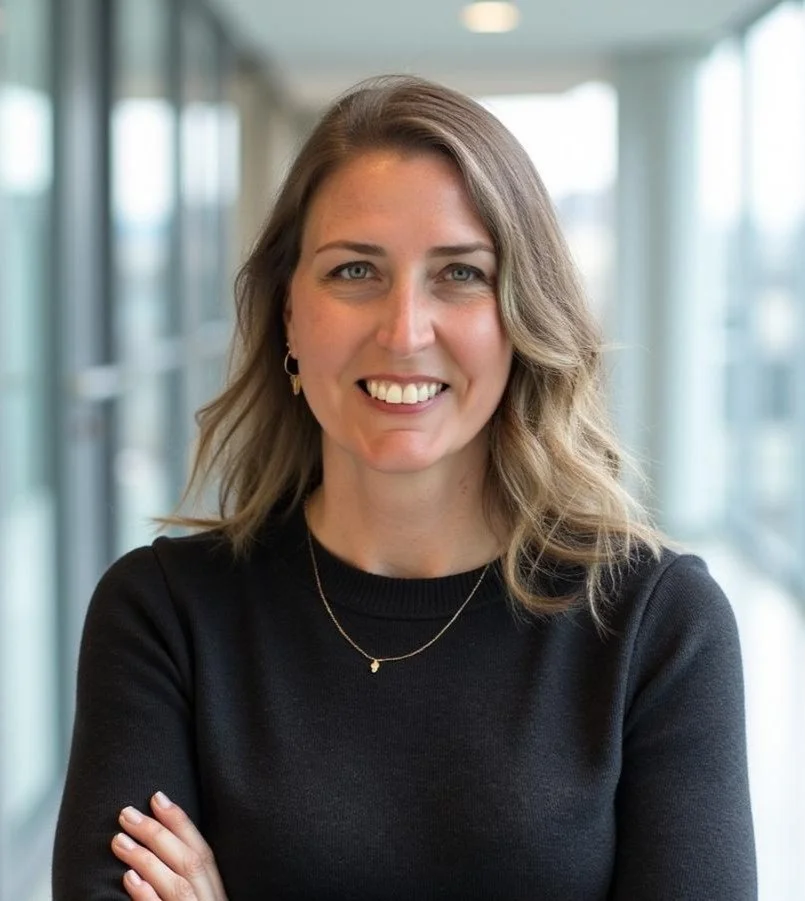 A woman with shoulder-length wavy light brown hair, smiling, wearing a black top, and gold jewelry, standing in a bright corridor with large windows.