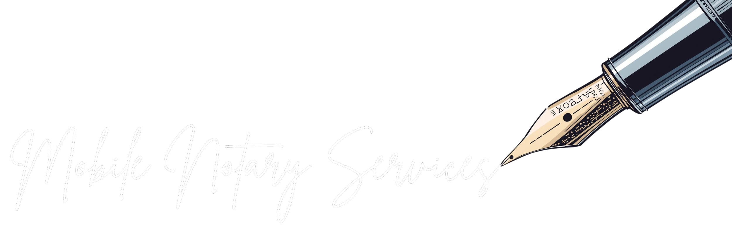 Black background with the words 'Mobile Notary Services' in white cursive font, and a fountain pen writing on the text.