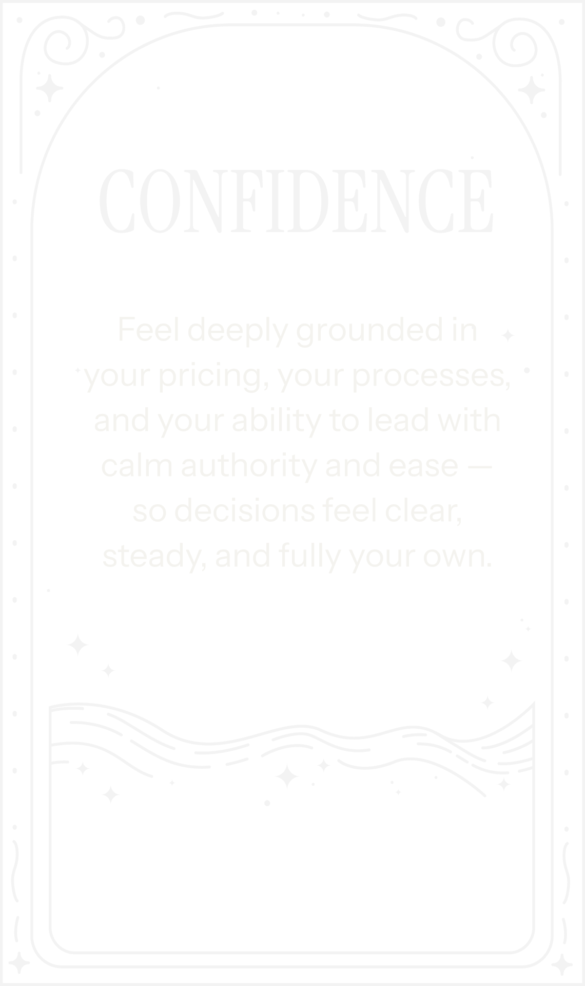 A black-and-white motivational quote card titled "Confidence" emphasizing feeling grounded in pricing, processes, and leadership qualities for clear and steady decision-making, decorated with stars and a wave pattern.