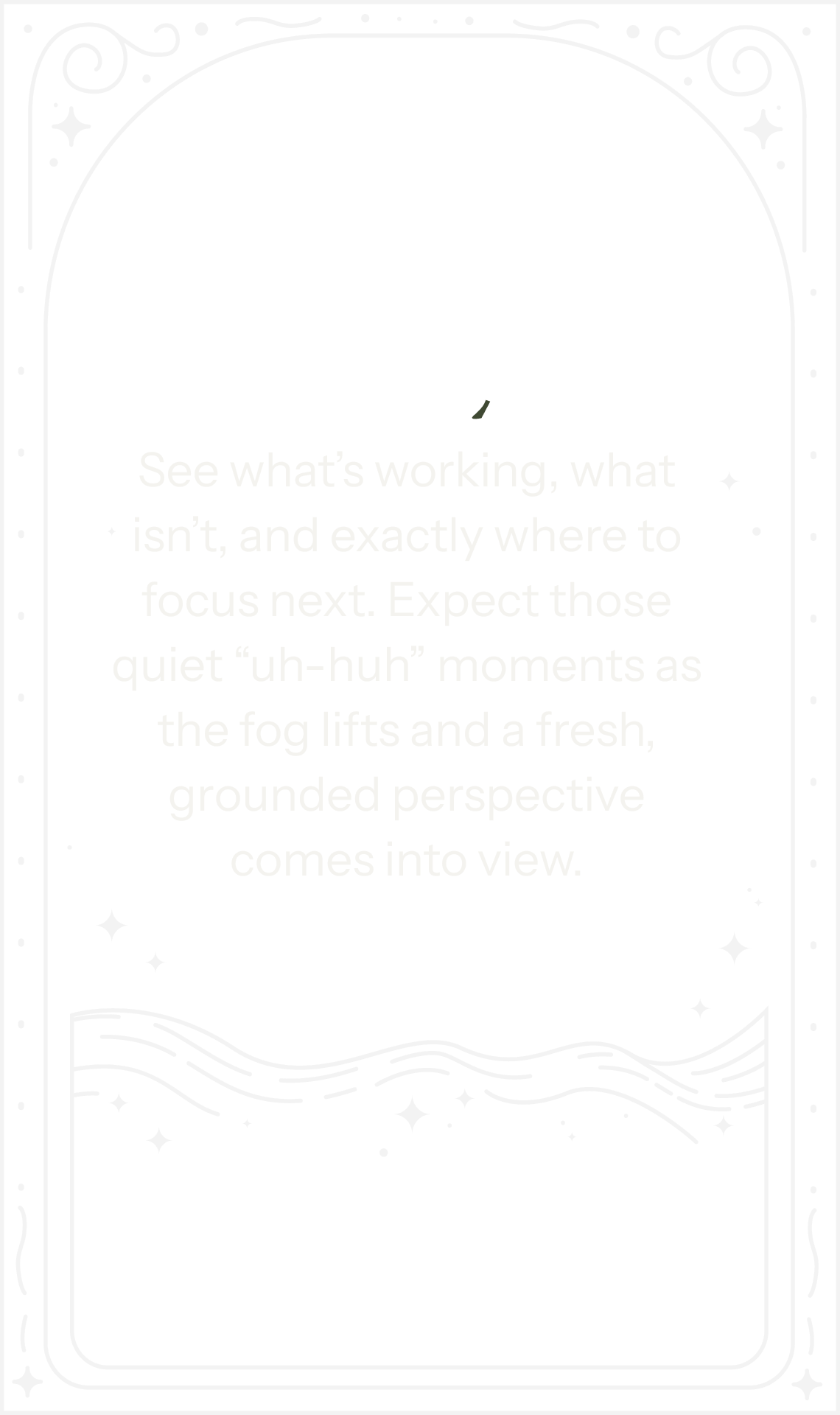 A black and white illustrated sign with the word 'Clarity' at the top, surrounded by star and swirl designs. The sign contains text about seeing what is working and focusing on a clear perspective, with decorative wave and star elements at the bottom.