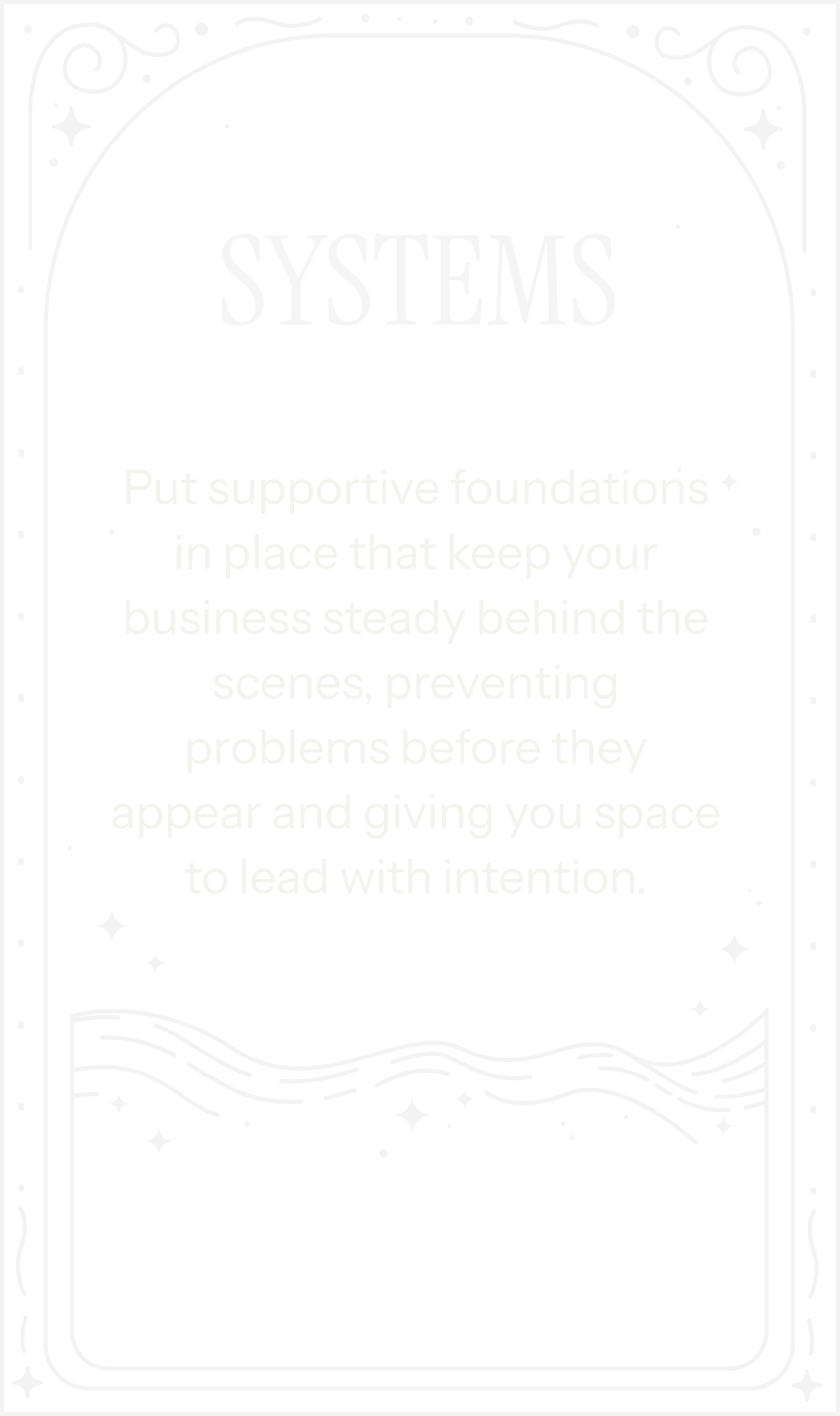 Inspirational quote about implementing supportive systems for business success, with decorative stars and wavy lines on a black background.