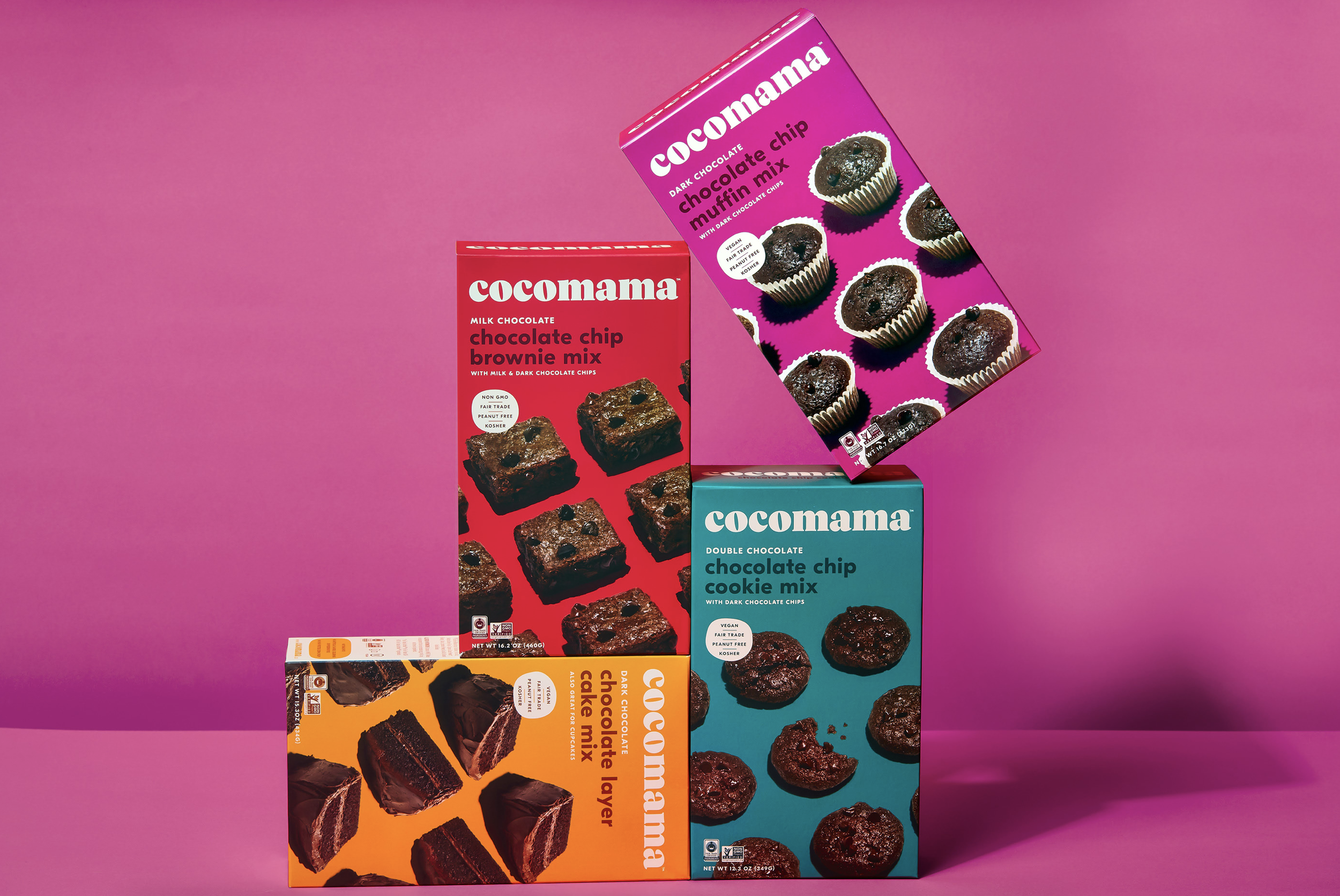 Productlijn van Cocomama brownies in kleurrijke verpakkingen | Compleet brandingoverzicht