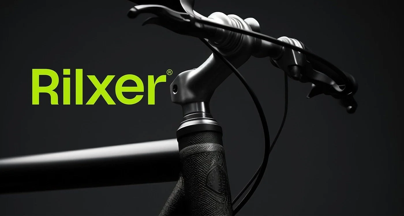 Close-up van fietsstuur met sportieve Rilxer branding | Visuele identiteit voor fietsmerk
