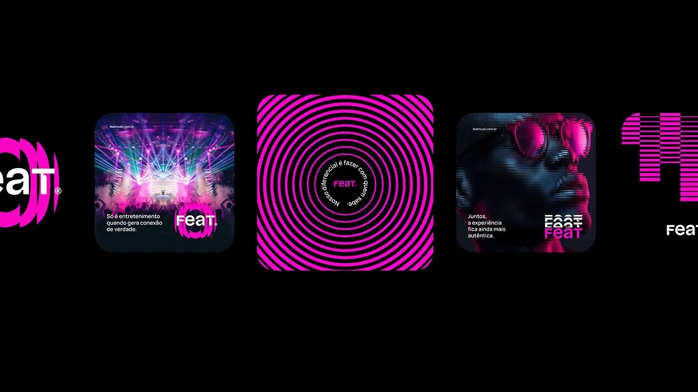 Feat icoon in vierkant rasterpatroon met paarse glow | Grafisch element visuele identiteit