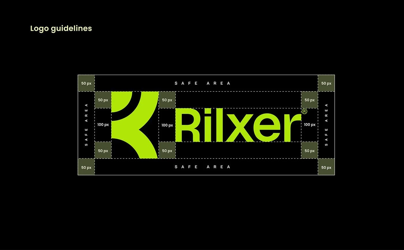 Typografische verhoudingen en logo-richtlijnen voor Rilxer | Technisch brandingoverzicht
