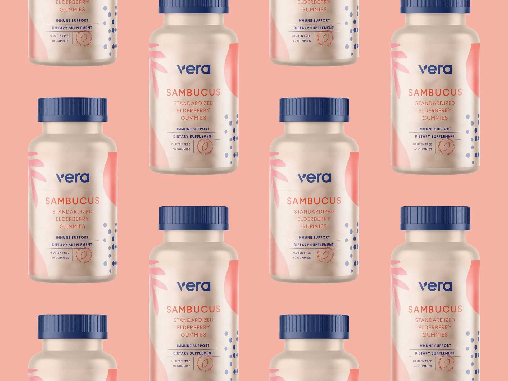 Herhalend patroon van Vera Sambucus potjes op roze achtergrond | Productpresentatie in brandingstijl