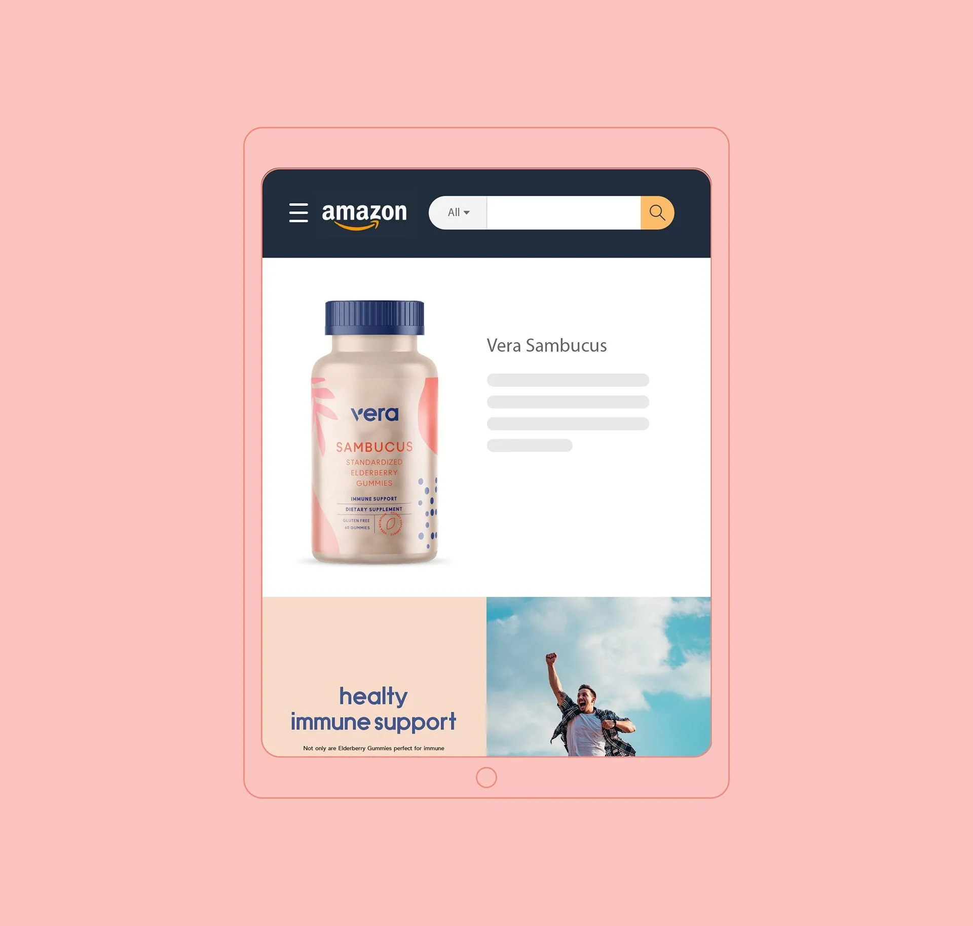 Mockup van Vera Sambucus supplement op Amazon productpagina | Digitale presentatie met zachte branding
