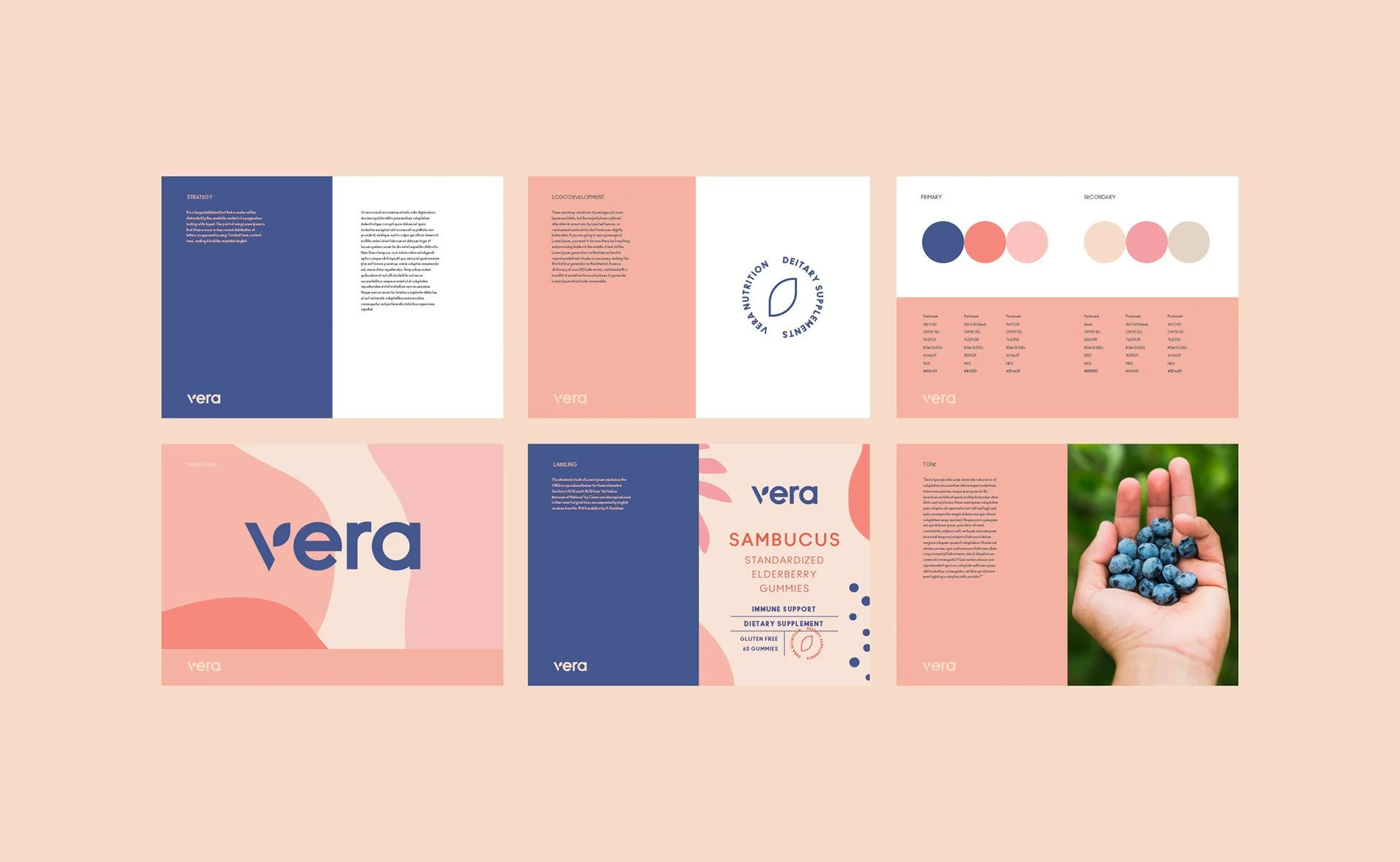 Visuele identiteit van Vera met logo, kleurenschema en verpakkingsontwerpen | Volledige merkpresentatie