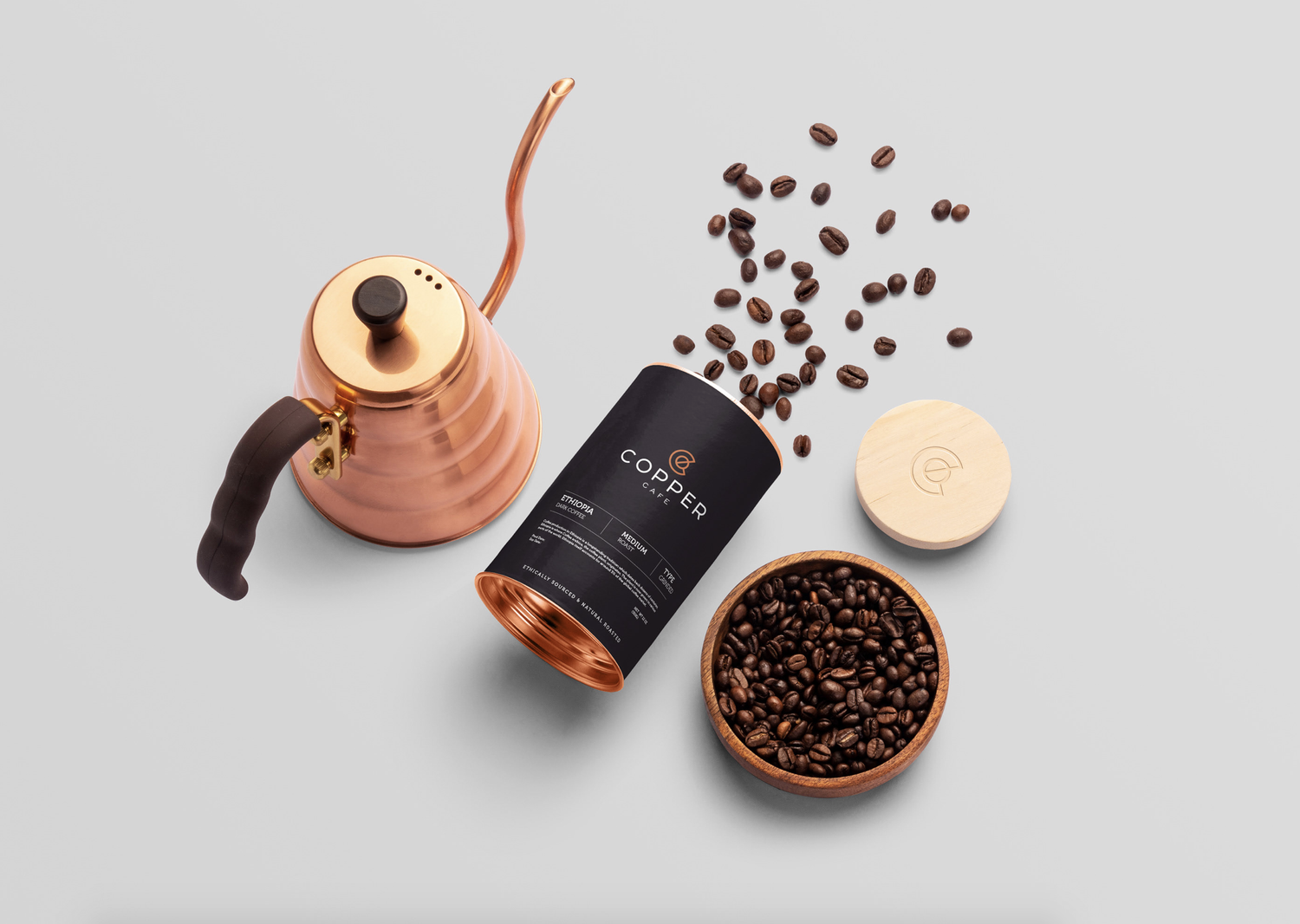Productfotografie van Copper Café koffie, bonen en accessoires | Premium uitstraling voor koffiemerk