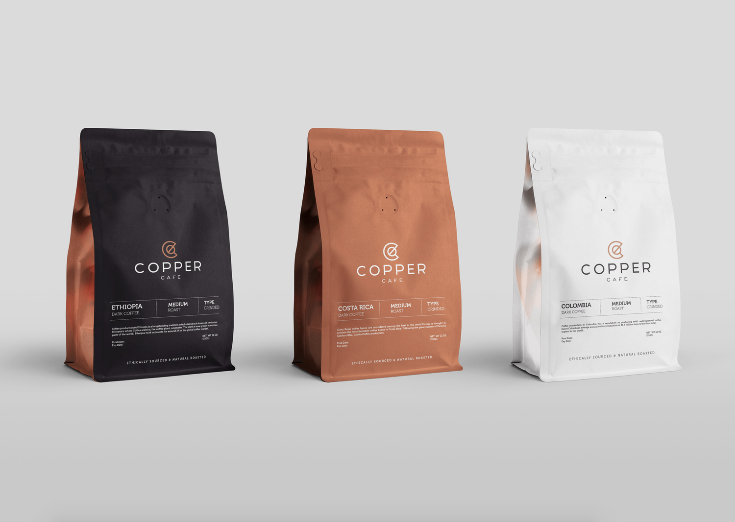 Copper Café koffiezakken in diverse kleuren en minimalistisch ontwerp | Verpakkingslijn branding