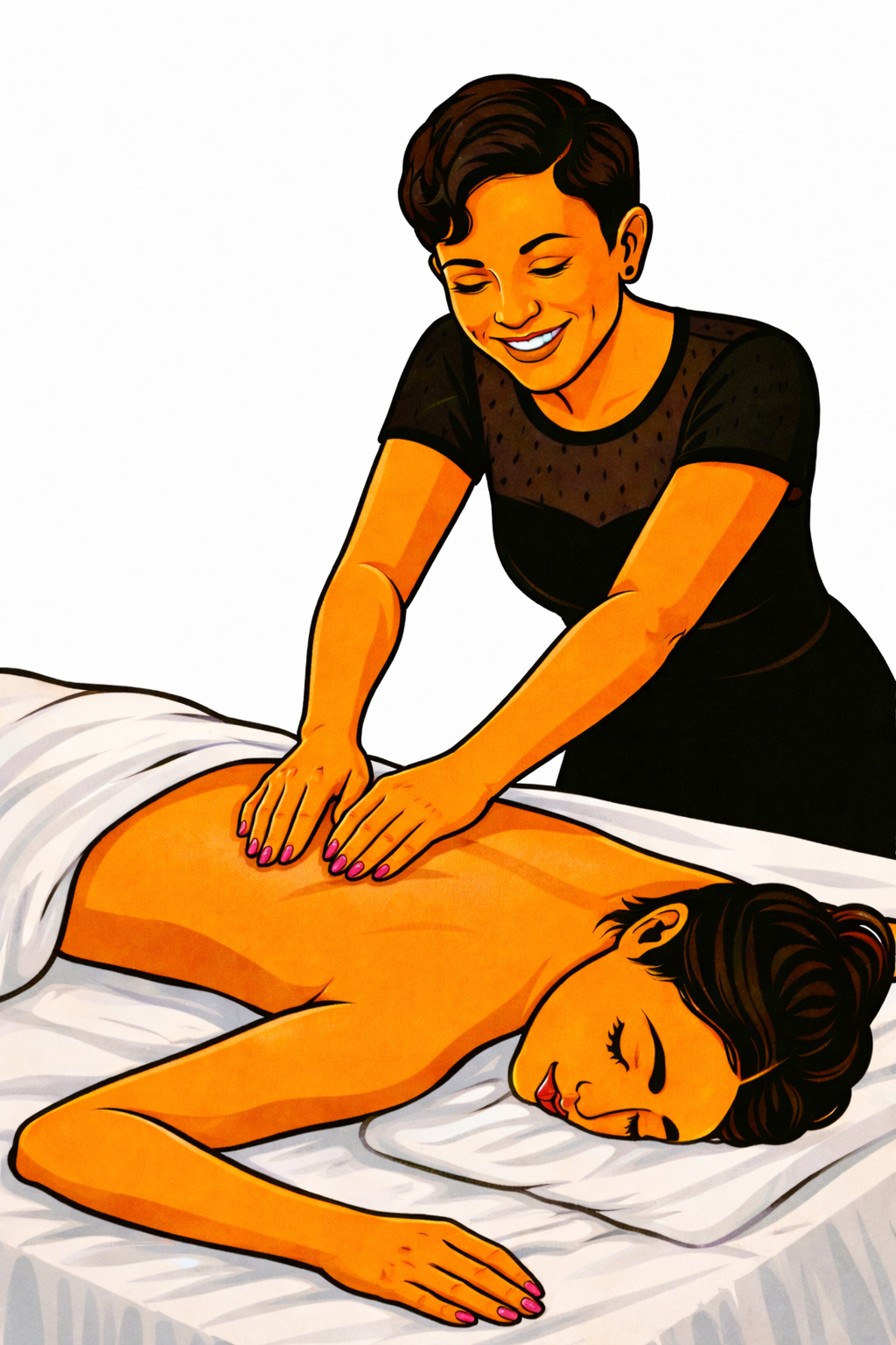 A woman giving a deep tissue massage to another woman lying face down on a massage table.