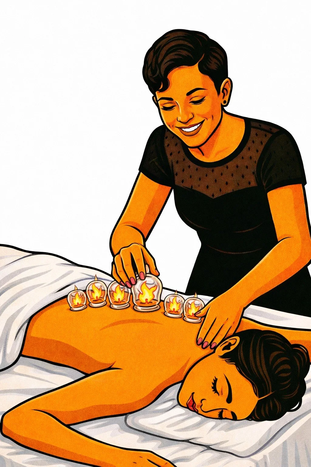 An illustration of a woman performing a cupping service with cups placed along her back
