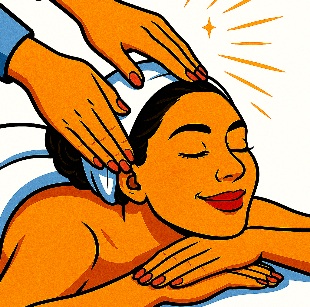 Illustration of a woman receiving a head massage, relaxation and spa treatment.