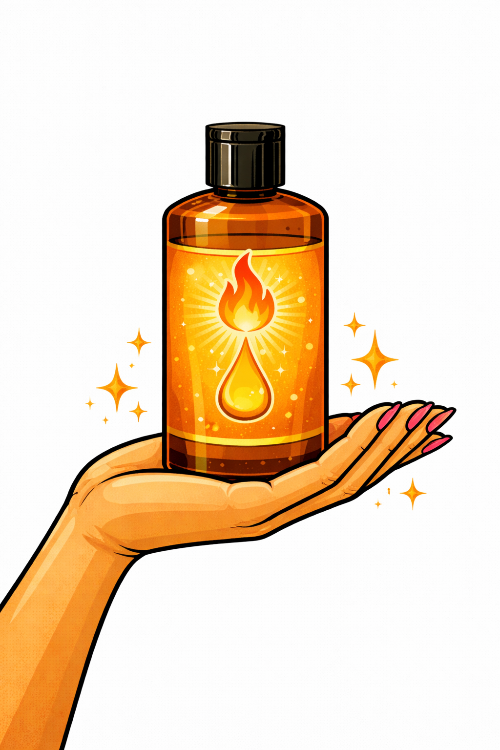 A hand holding an amber bottle of CBD oil with a glowing label featuring a fire symbol and a droplet, surrounded by sparkles.