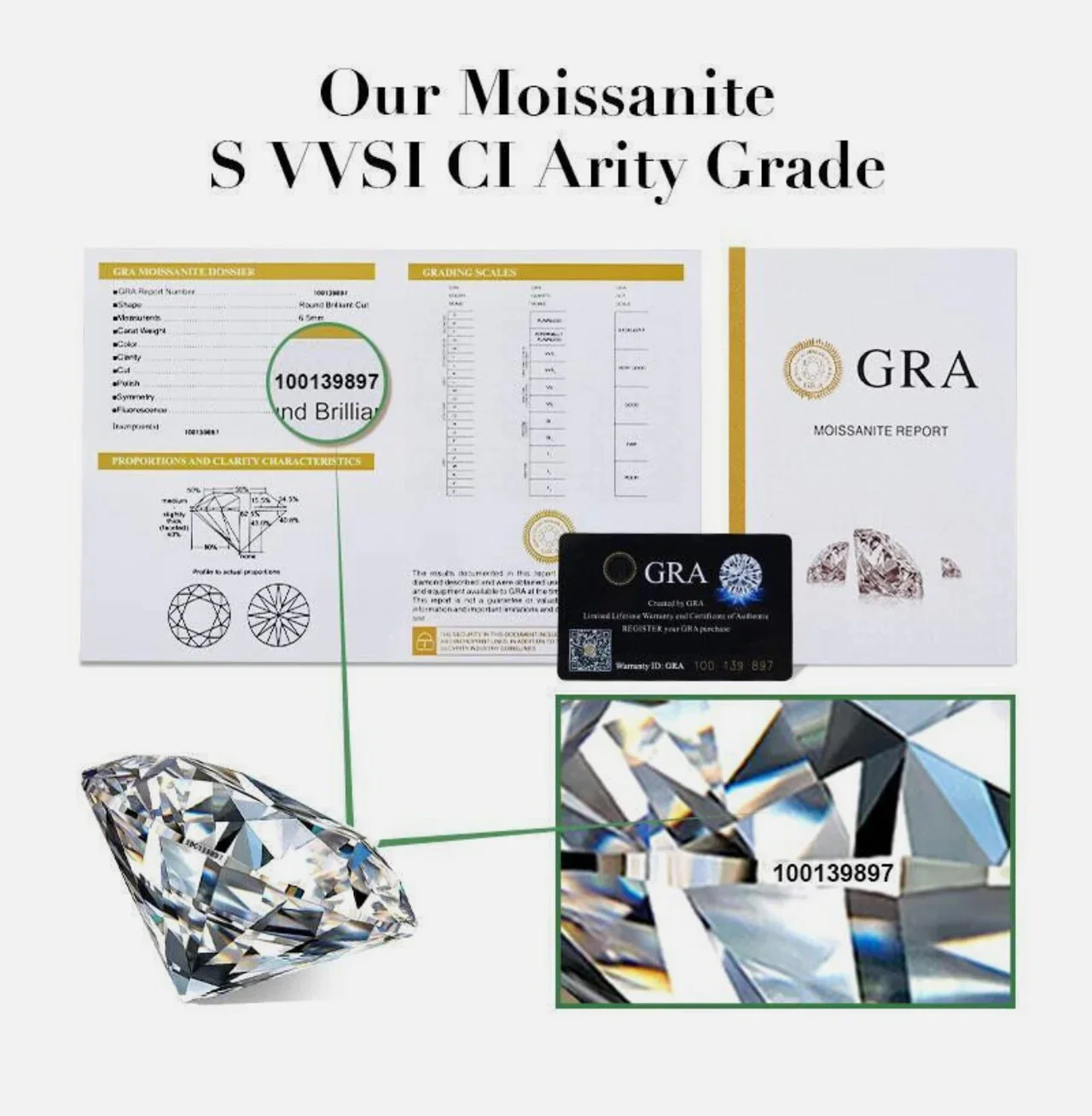 Image of a diamond with certification documents, a warranty card, and magnified close-up showing diamond details and the identification number 100139897.